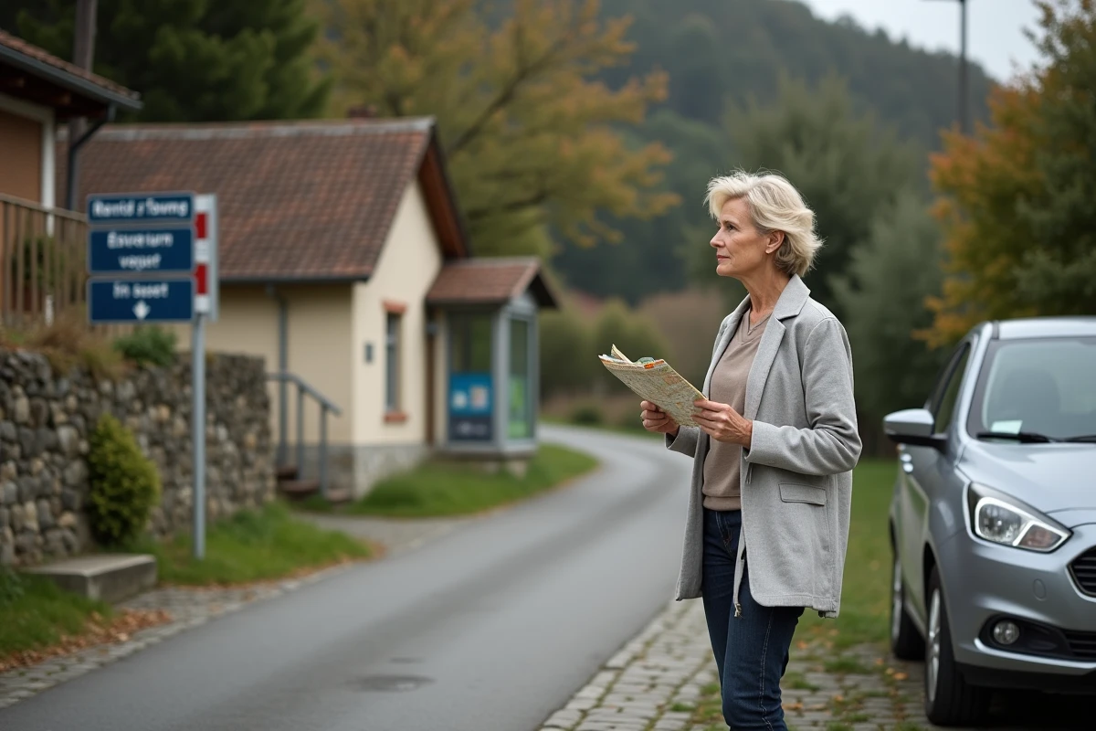 Femme consultant une carte routière près d'un arrêt de bus dans un village du Puy-de-Dôme, accessibilité transport rural