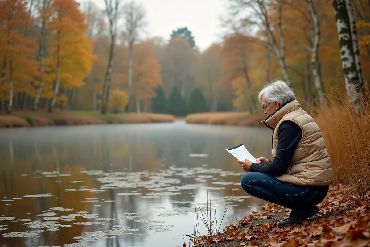 Femme consultant des documents au bord d'un étang de pêche en Sologne entouré de bouleaux et de chênes en automne