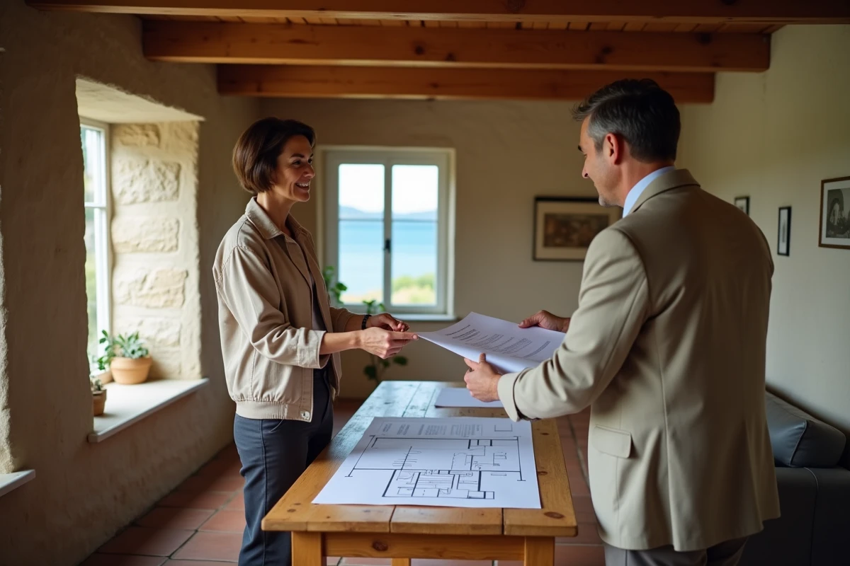 Femme examinant des documents d'achat immobilier dans une maison normande avec vue sur la mer