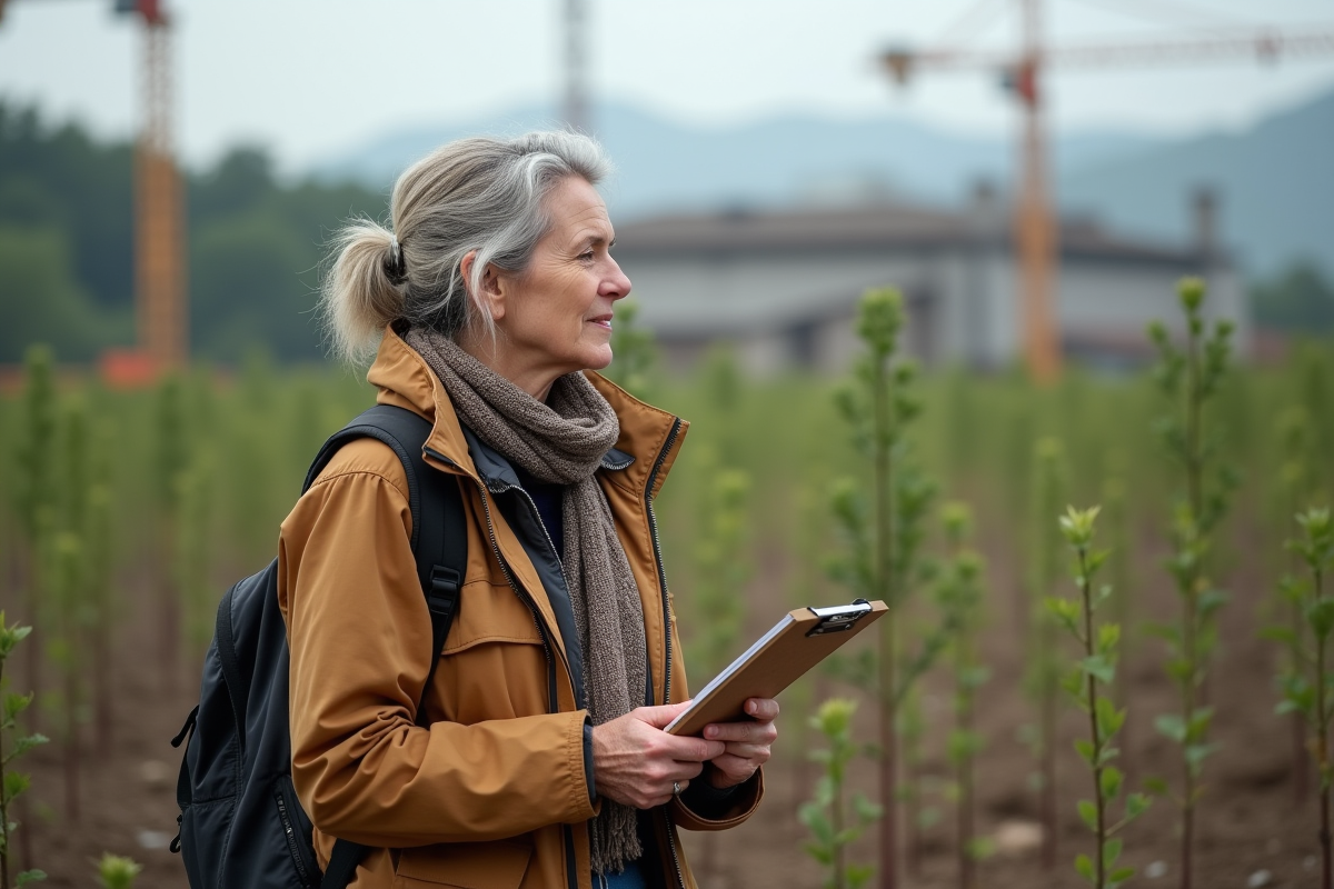 Femme activiste observant la reforestation près du chantier