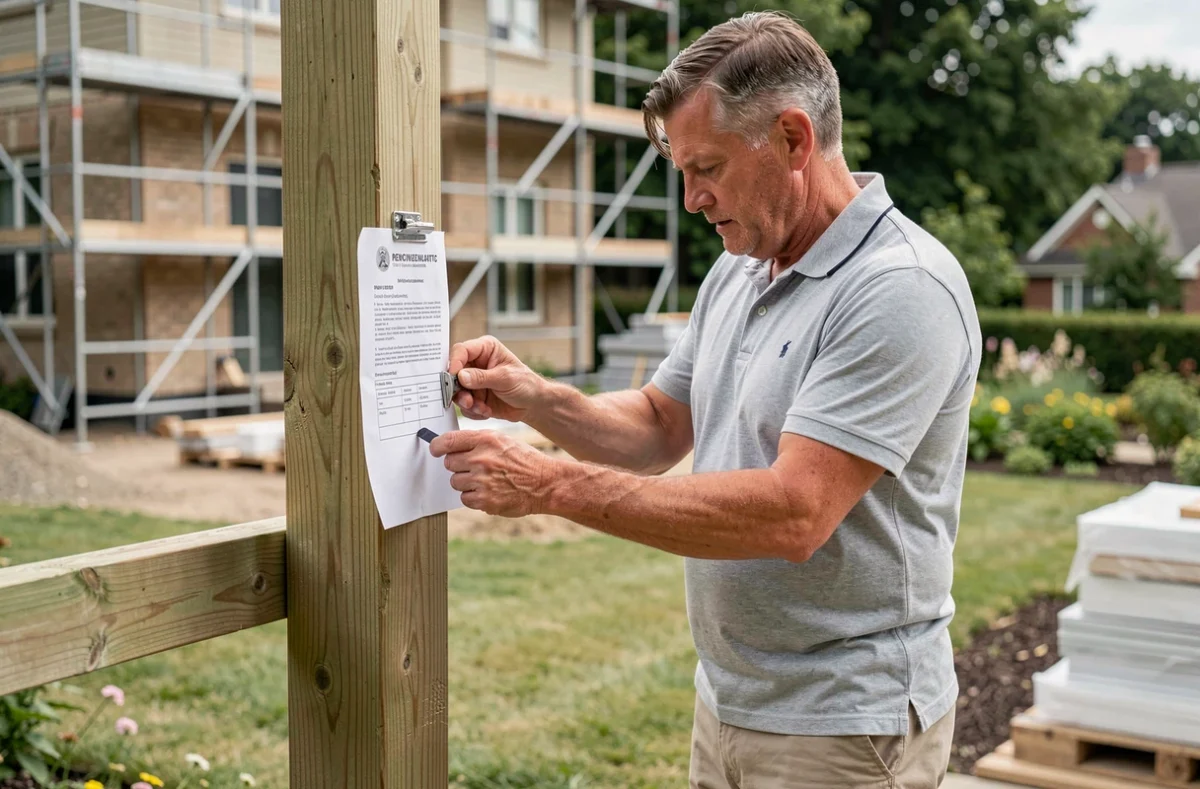 Propriétaire qui affiche un panneau de déclaration préalable de travaux sur un poteau en bois devant sa maison
