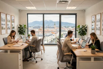Bureau d'une agence de gestion locative professionnelle en Auvergne-Rhône-Alpes avec vue sur la ville de Lyon