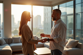 Agent immobilier souriant remettant des clés à un couple dans un salon lumineux