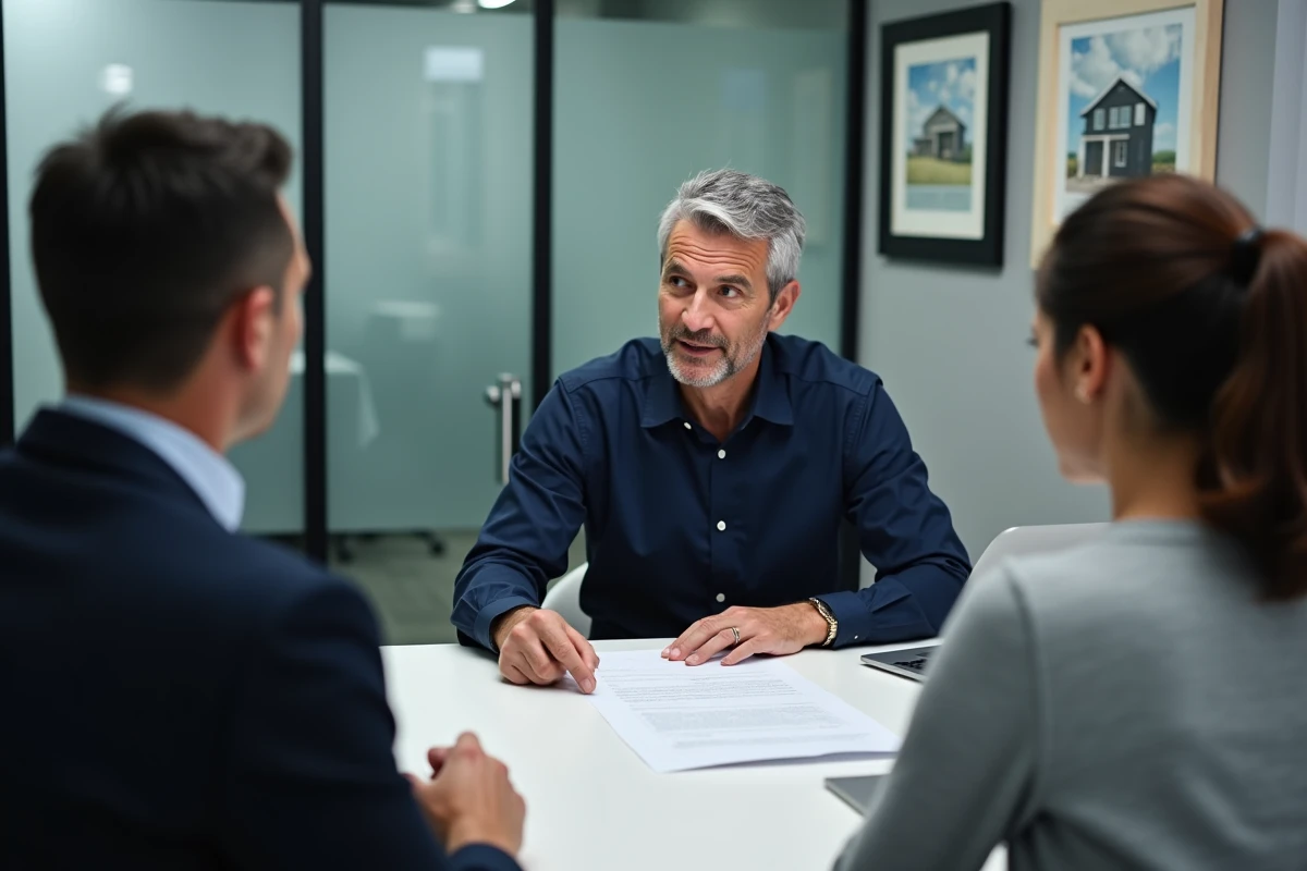 Agent immobilier expliquant les clauses d'un bail locatif à un couple, mention de l'abréviation appartement dans le contrat