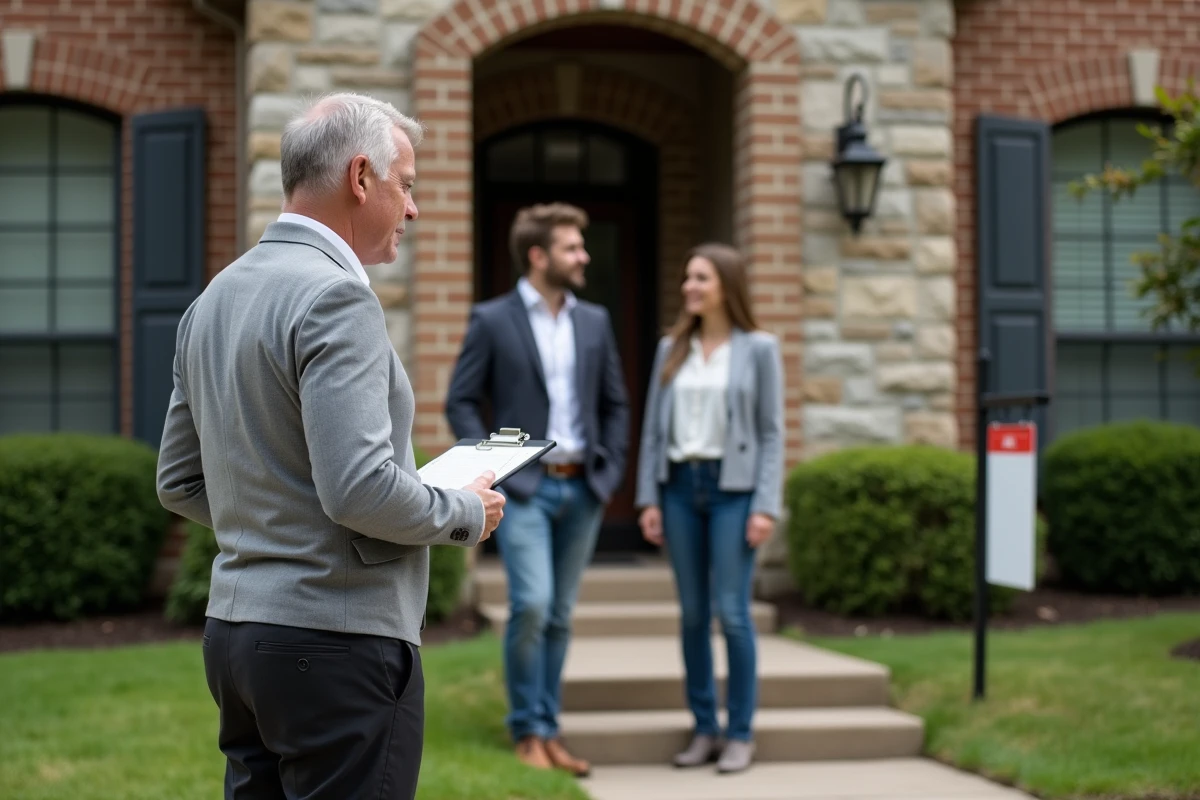 Agent immobilier avec deux acheteurs devant une maison