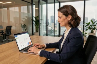 Agent immobilier utilisant un logiciel d'estimation immobilière sur ordinateur portable dans une agence moderne
