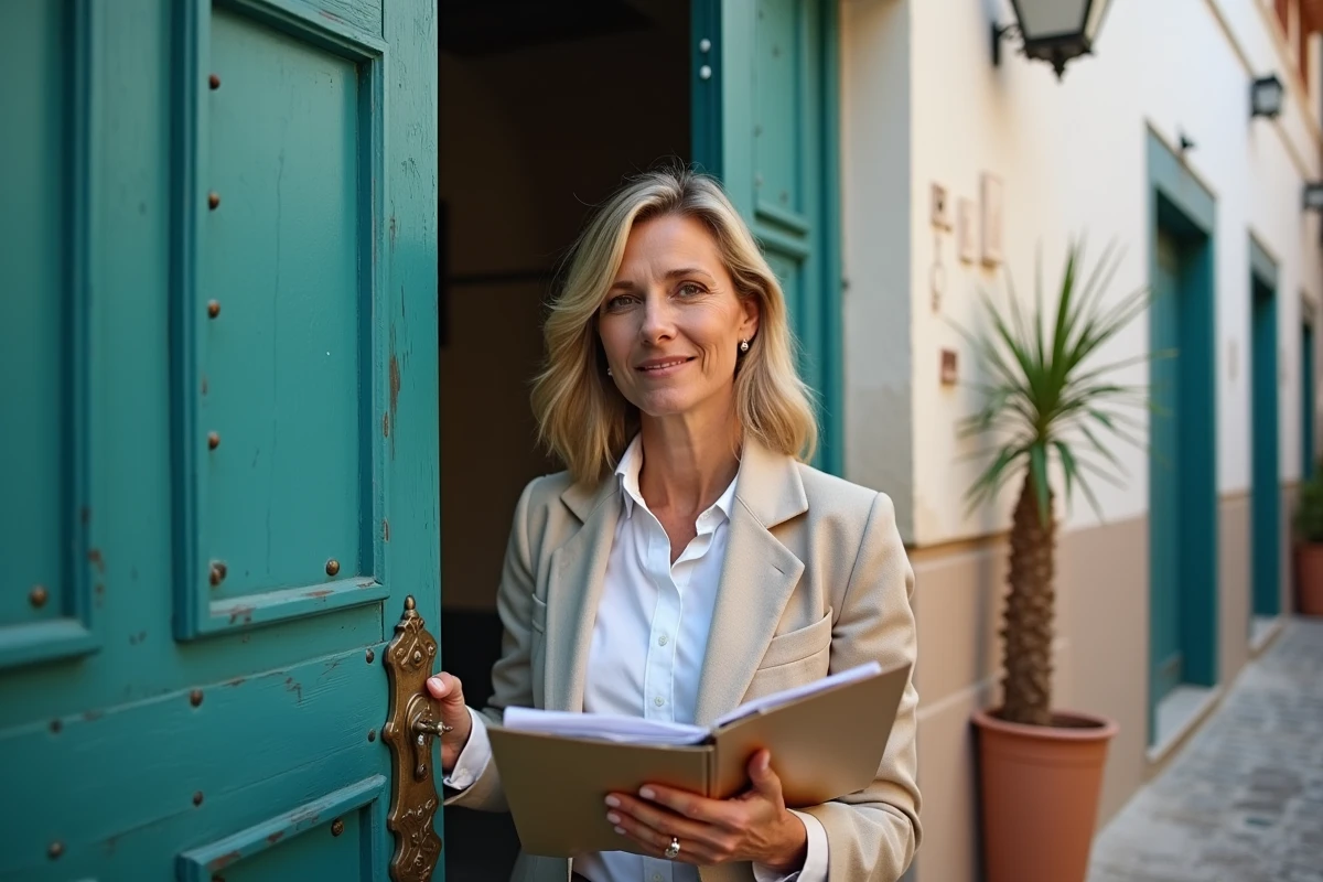 Agent immobilière devant la porte en bois d'un riad à vendre dans la médina d'une ville marocaine