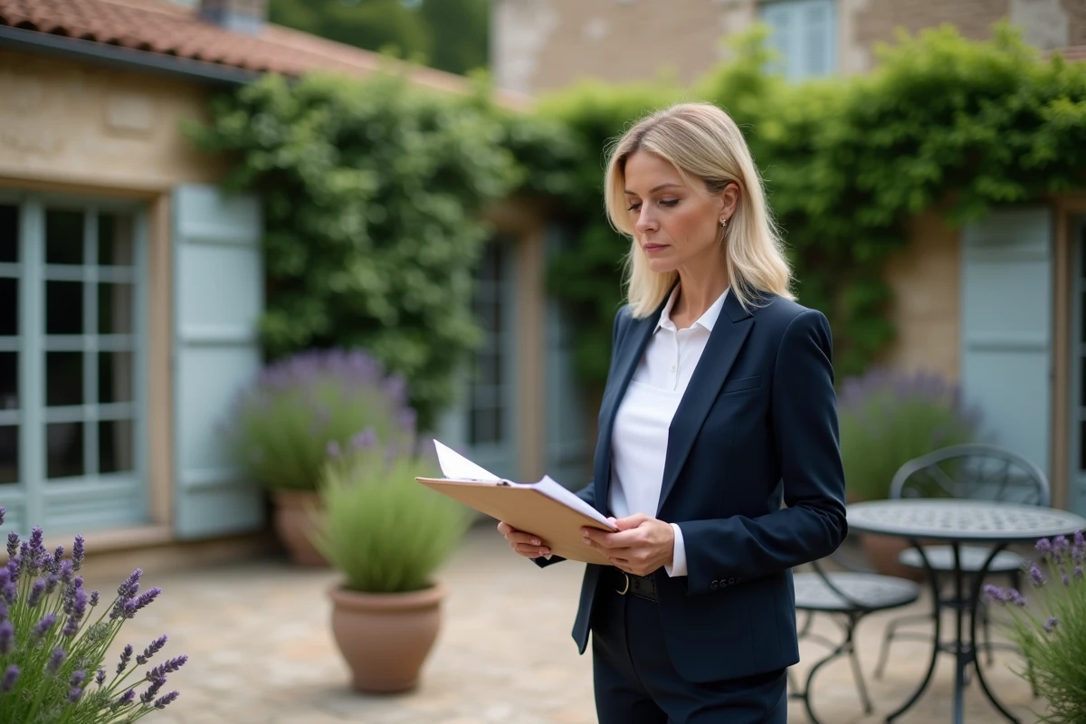 Agent immobilière évaluant une maison avec jardin à Beauvais lors d'une visite professionnelle