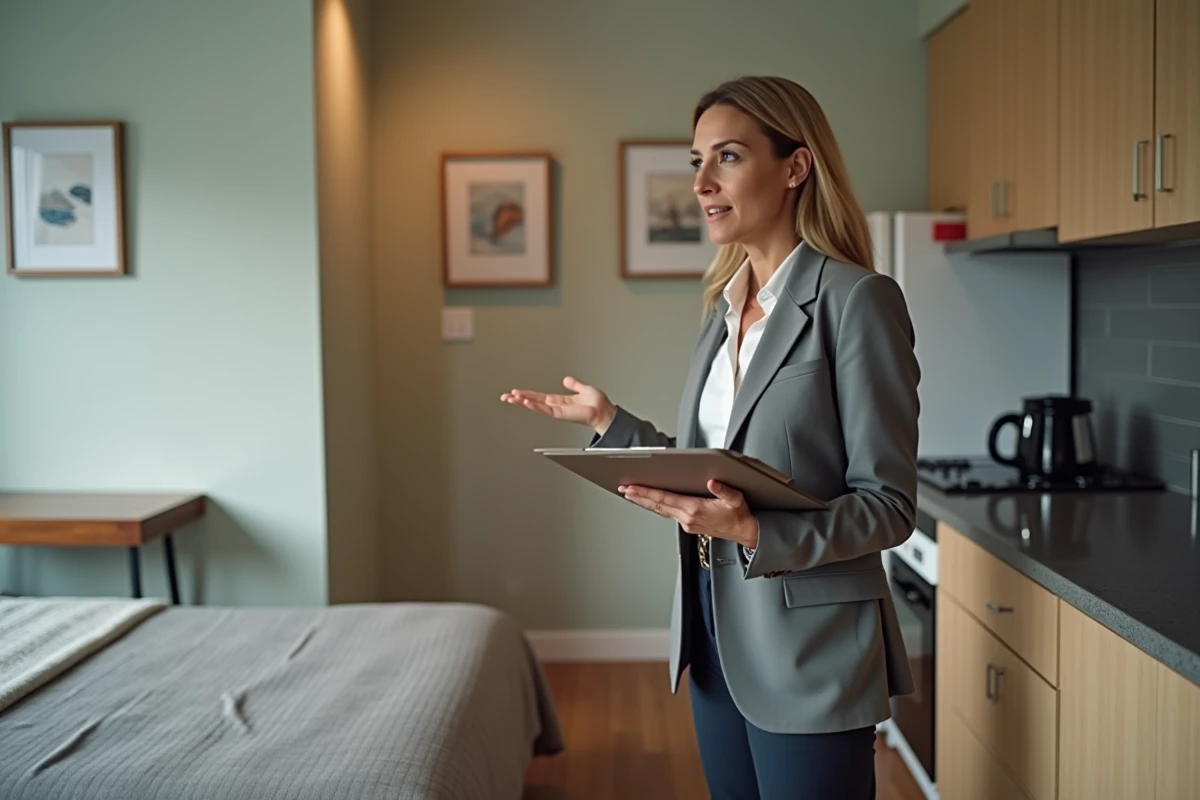 Agent immobilier présentant un studio meublé lors d'une visite de location d'un an