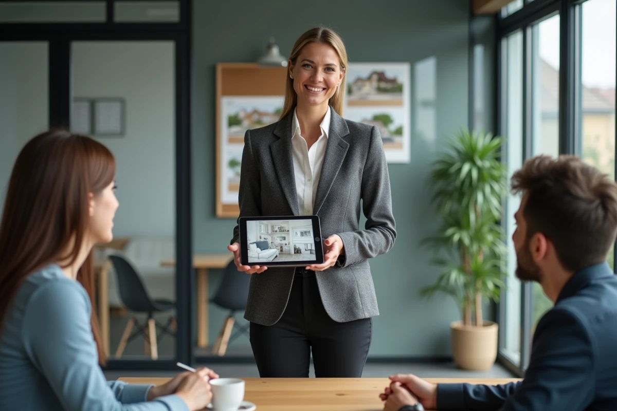 Agent immobilier présentant une visite virtuelle 360 sur tablette à des clients lors d'une consultation en agence