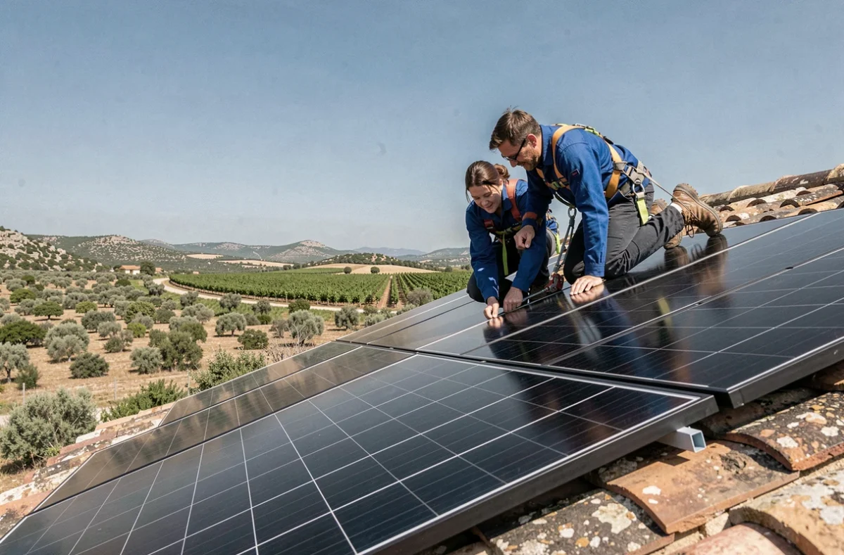 Techniciens d'Allez Energies installant des panneaux photovoltaïques sur une ferme rurale du Piscénois