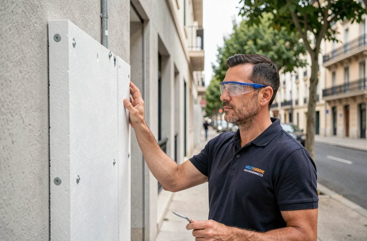 Artisan d'Alliance Energy Thermic posant des panneaux d'isolation thermique sur un immeuble à Montpellier