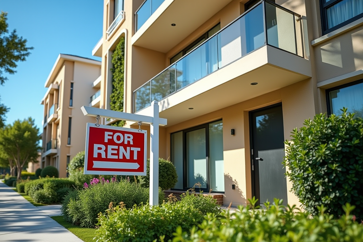 Façade d un immeuble avec panneau a louer en avant plan