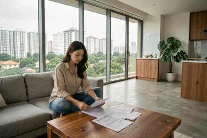 Femme francophone dans un appartement moderne de Bangkok révisant un contrat de location avec vue sur la skyline urbaine