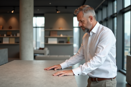 Architecte inspectant un échantillon Dekton dans un showroom moderne