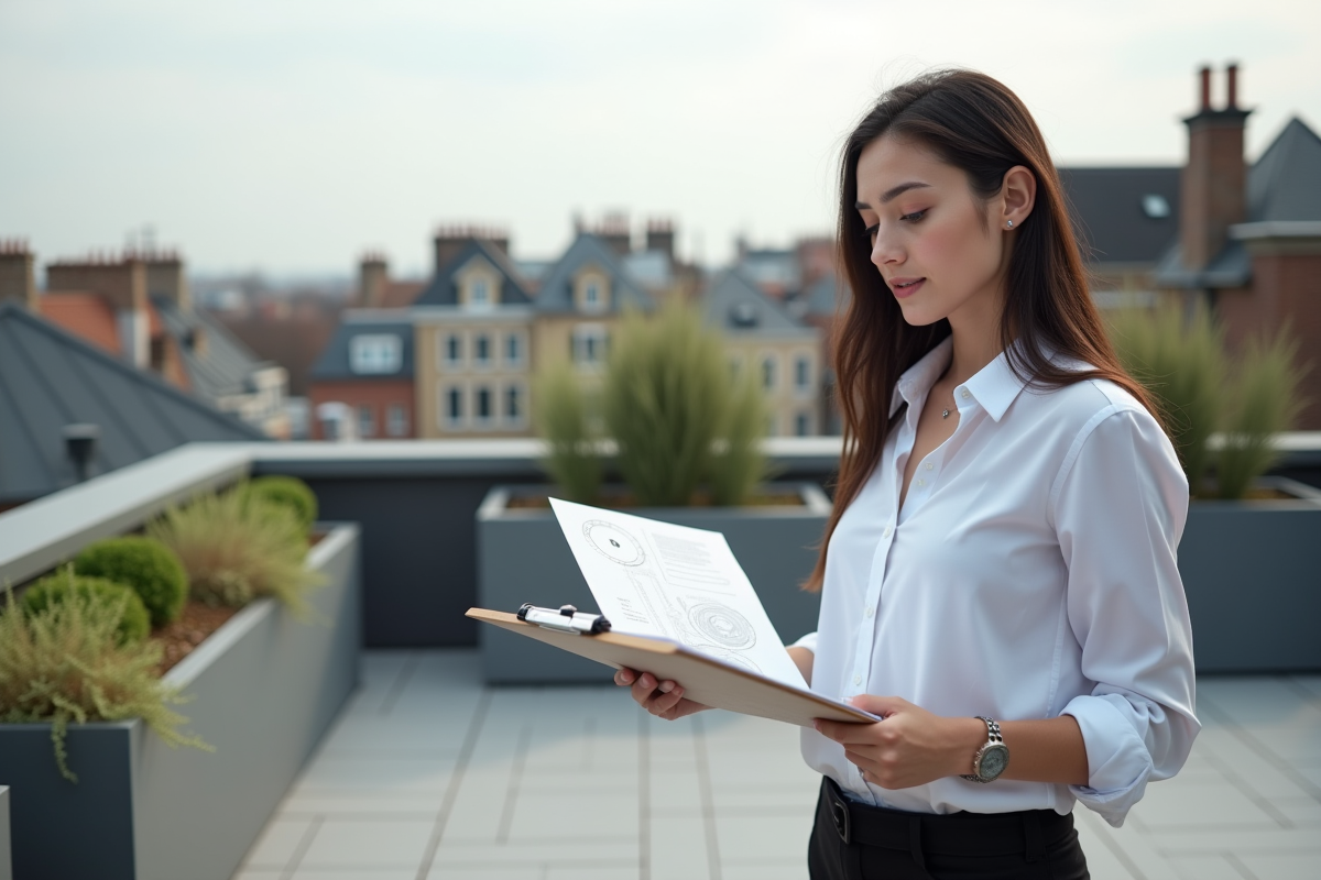 Jeune architecte vérifiant plans sur un toit fini