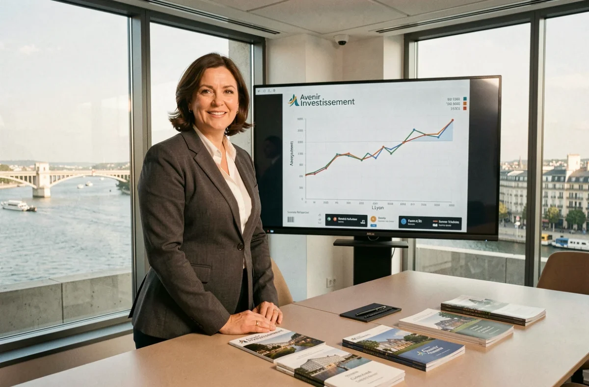 Conseillère d'Avenir Investissement présentant des graphiques de performance immobilière locative à Lyon