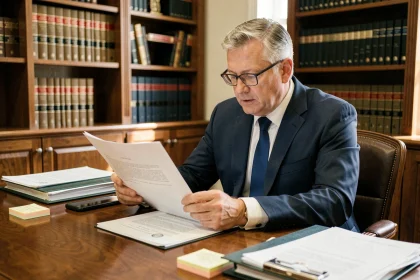 Avocat spécialisé en immobilier analysant un contrat de location-vente dans son bureau juridique