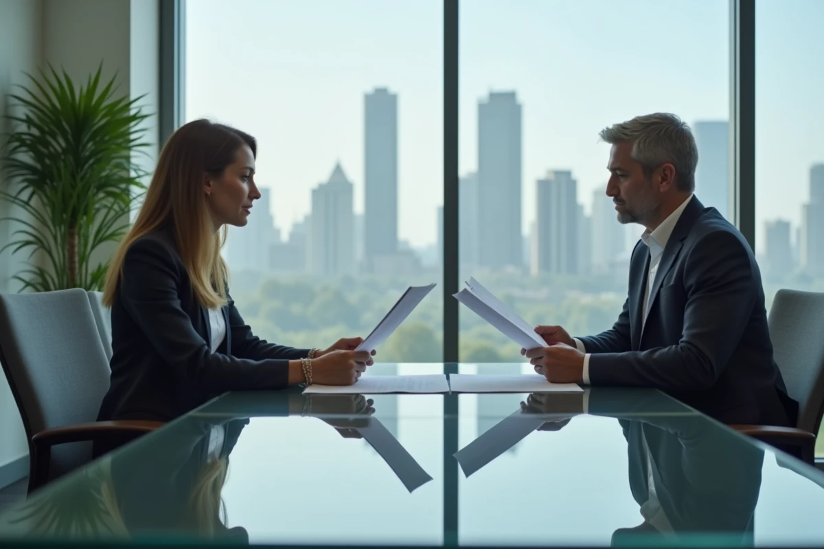 Avocate en blazer gris consultant un couple dans une salle de réunion moderne avec vue sur la ville, documents juridiques étalés sur la table en verre