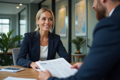 Bailleuse examinant un contrat de gestion locative avec un conseiller Orpi Invest Immo dans une agence immobilière moderne
