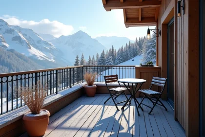 Balcon enneigé d'un appartement à vendre aux Menuires avec vue panoramique sur les pistes et les sommets alpins
