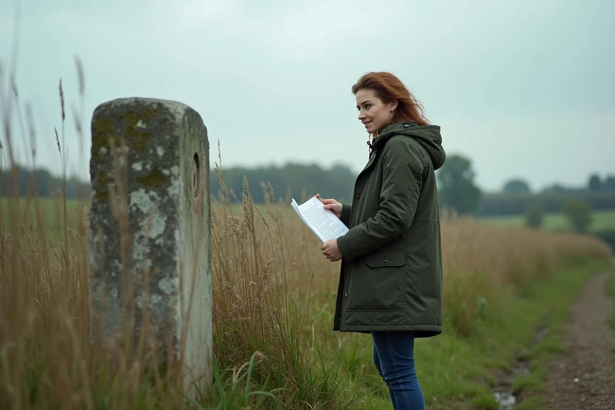 Femme inspectant une borne cadastrale en bordure de parcelle agricole en milieu rural