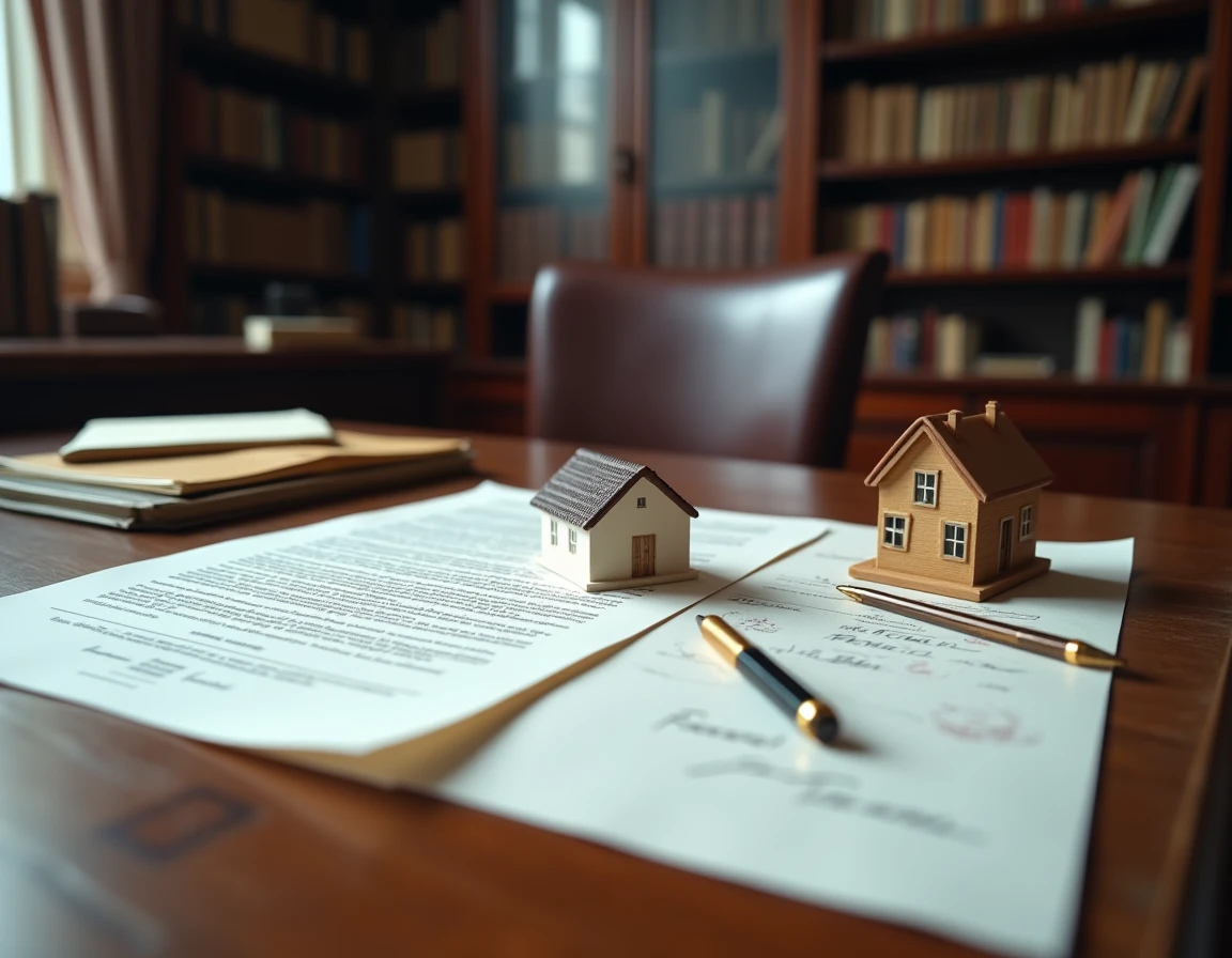 Bureau de notaire avec actes de propriété et documents juridiques liés à une vente immobilière en cas de divorce
