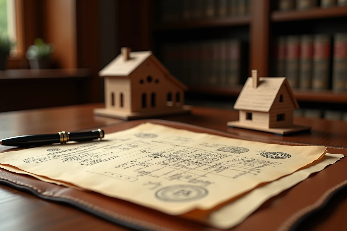 Bureau de notaire avec documents juridiques et contrats de donation immobilière pour une maison abandonnée, représentant les démarches légales complexes