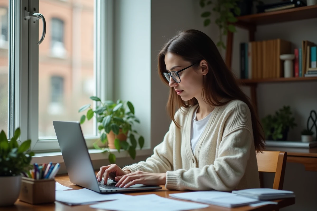 Jeune femme rédigeant une lettre de candidature pour un appartement en colocation sur son ordinateur