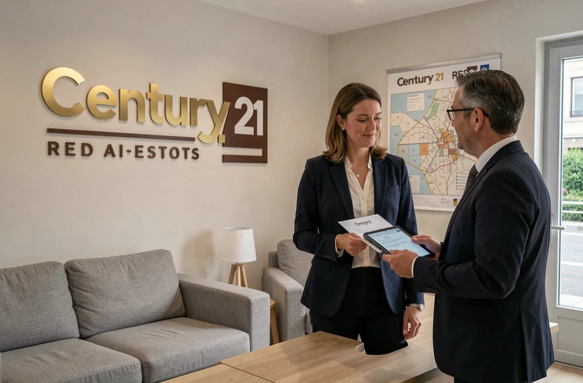 Agente Century 21 présentant un contrat de gestion locative à un client dans les Rhône-Alpes