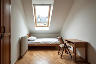 Chambre de bonne parisienne de petite superficie avec parquet, lit simple et fenêtre de toit donnant sur les toits zinc