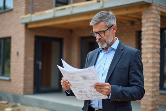 Propriétaire de bâtiment en extérieur examine des documents de construction