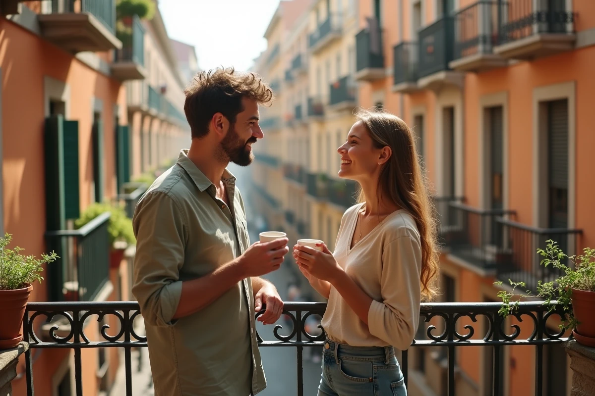Deux colocataires prenant un café sur un balcon d'appartement barcelonais avec vue sur le quartier gothique