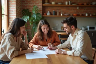 Trois colocataires discutant d'un contrat de location dans un appartement à Barcelone avec décor méditerranéen