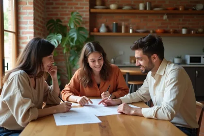 Trois colocataires discutant d'un contrat de location dans un appartement à Barcelone avec décor méditerranéen