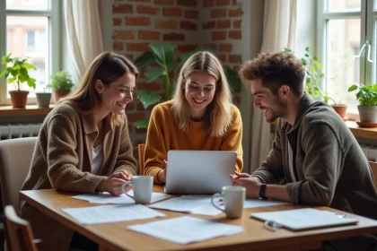 Trois colocataires rédigeant ensemble une lettre de motivation pour un appartement en colocation