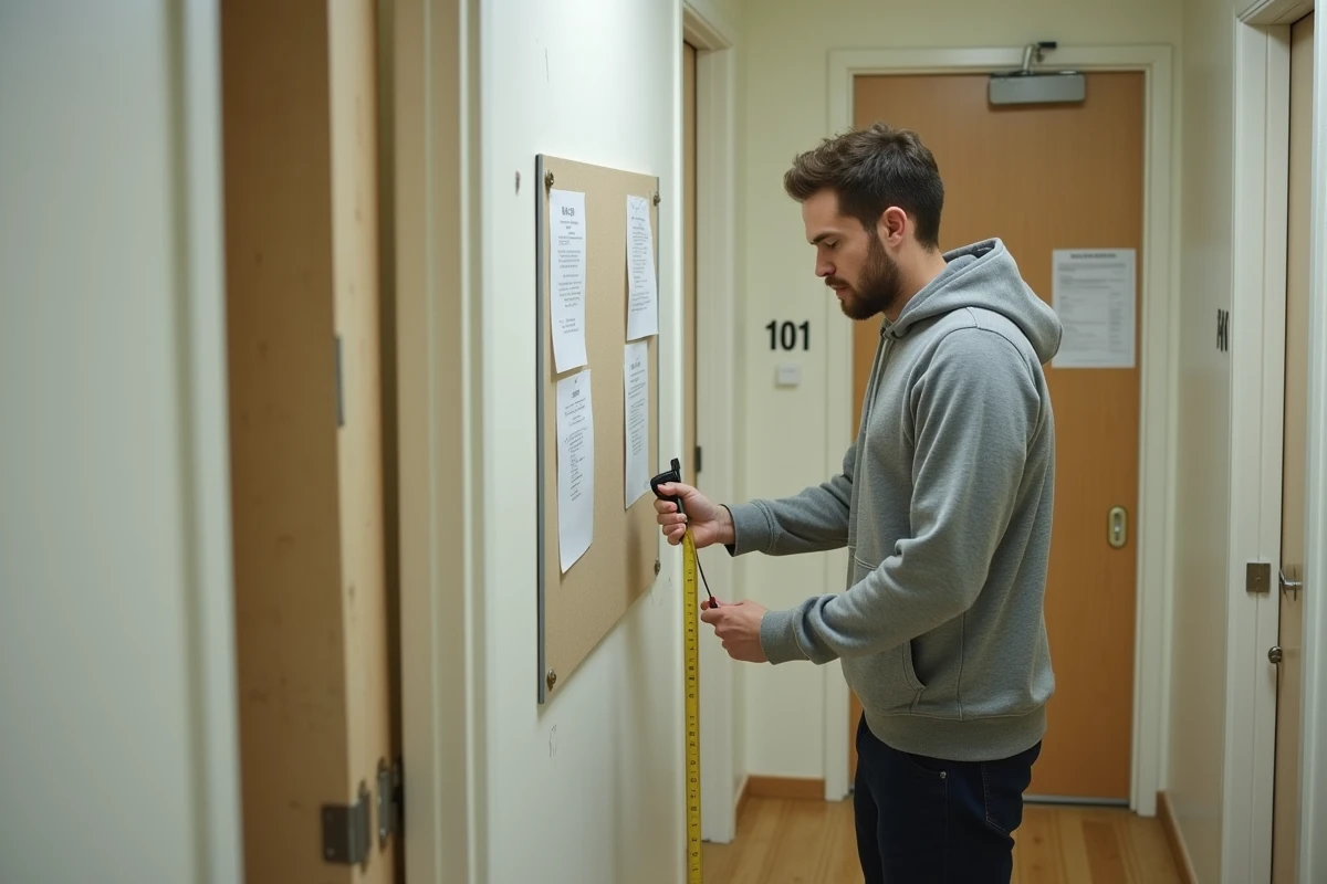Couloir de colocation avec portes numérotées et homme mesurant la superficie d'une chambre à louer avec un mètre ruban