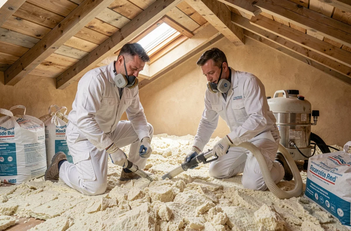 Ouvriers de Compao appliquant de l'isolation soufflée dans les combles d'une villa côtière près d'Agde dans l'Hérault