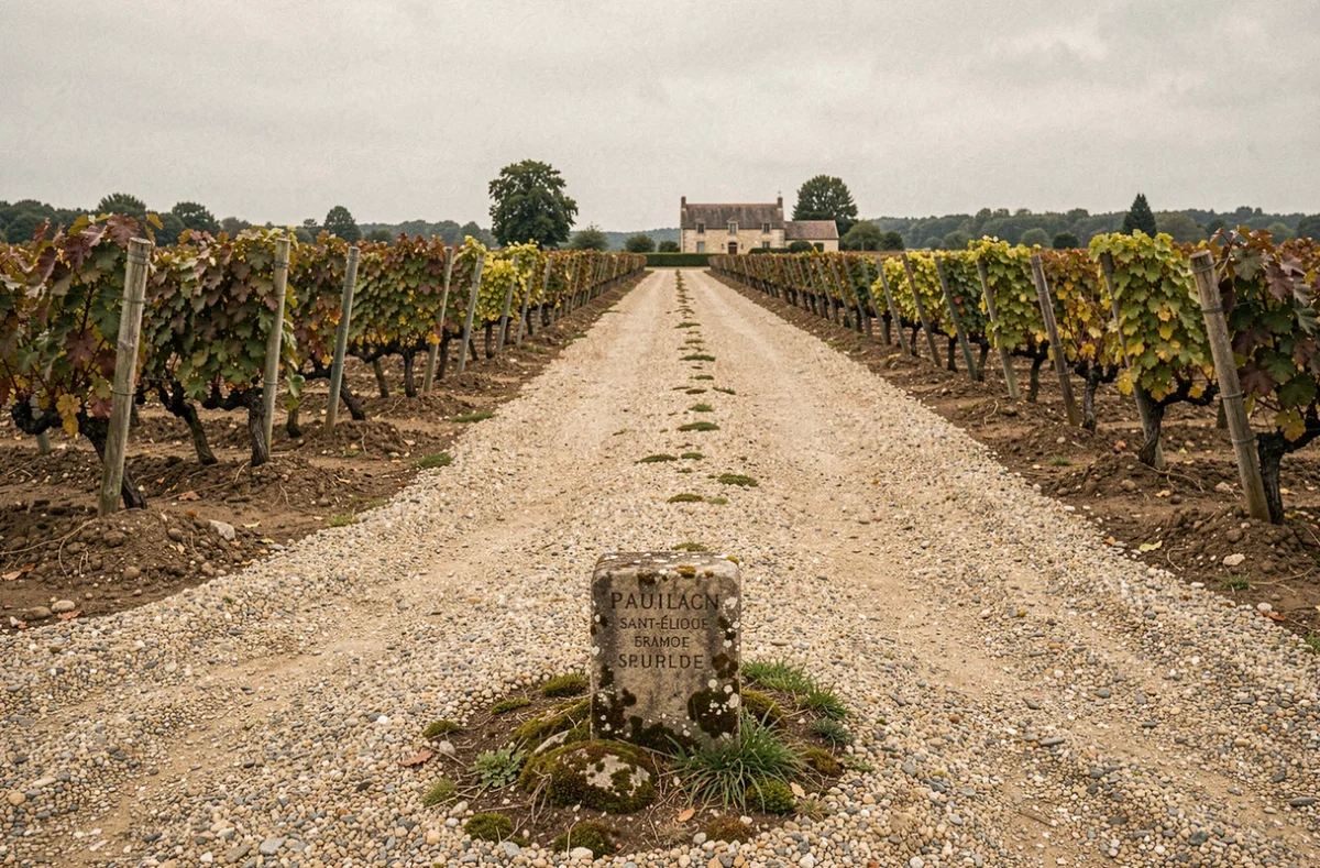 Vue grand angle de deux parcelles viticoles de Bordeaux séparées par un chemin de gravier avec un marqueur d'appellation en pierre