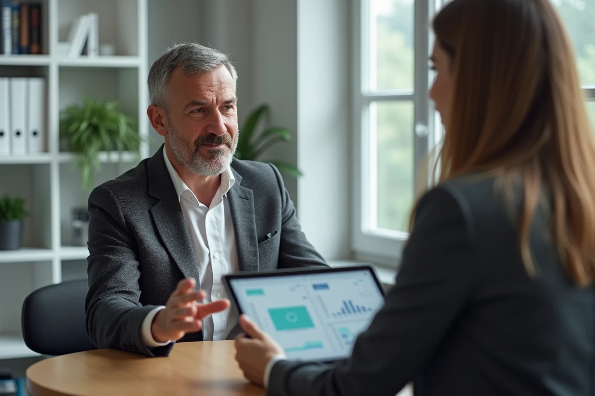 Conseiller financier présentant un portefeuille immobilier sur tablette à un client dans un bureau de conseil minimaliste