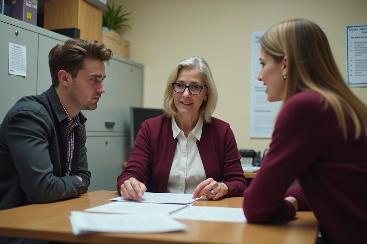 Conseillère en logement expliquant les conséquences d'un refus d'attribution à un jeune couple dans un bureau administratif