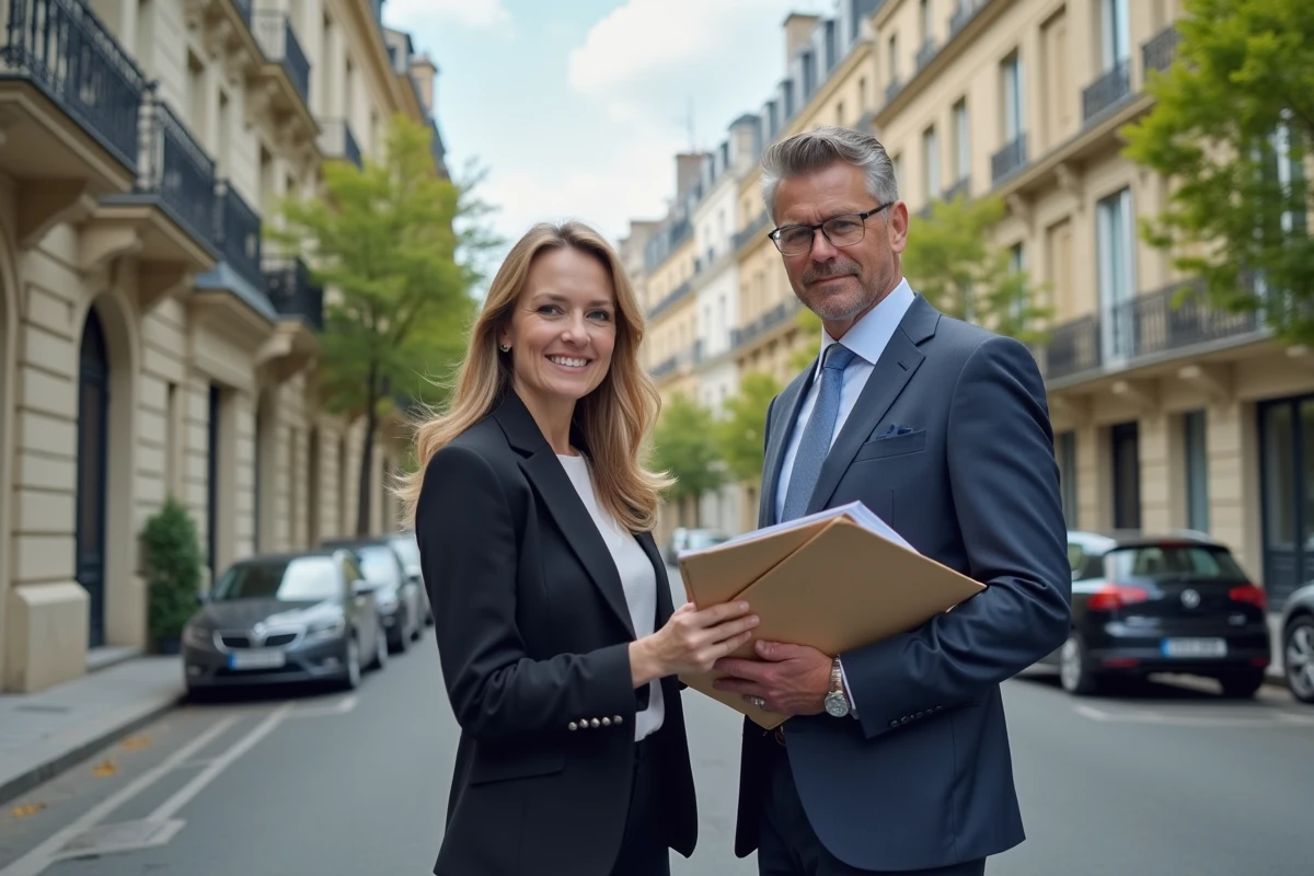 Deux conseillers en gestion locative Orpi Invest Immo devant un immeuble haussmannien discutant du suivi de biens en location