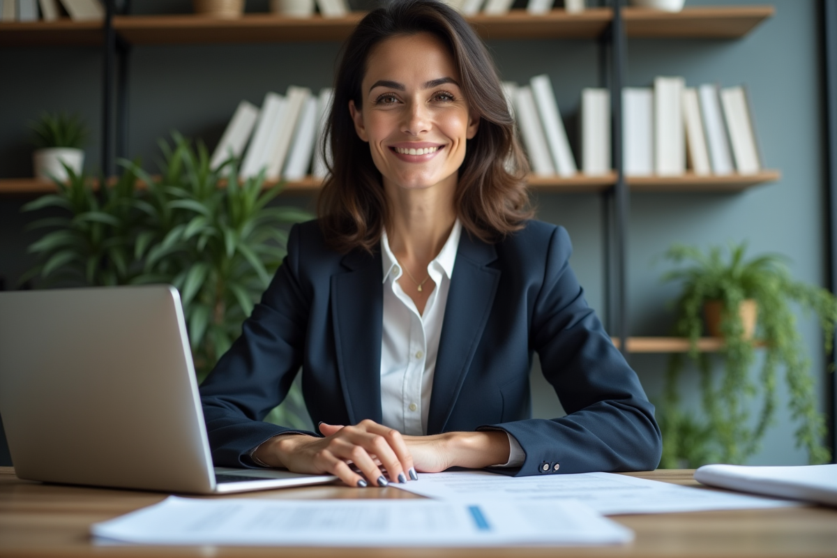 Conseillère en assurance au bureau avec documents et ordinateur