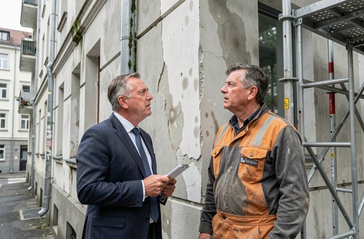 Huissier et entrepreneur discutant de dégradations sur une façade extérieure avant le lancement de travaux de maçonnerie