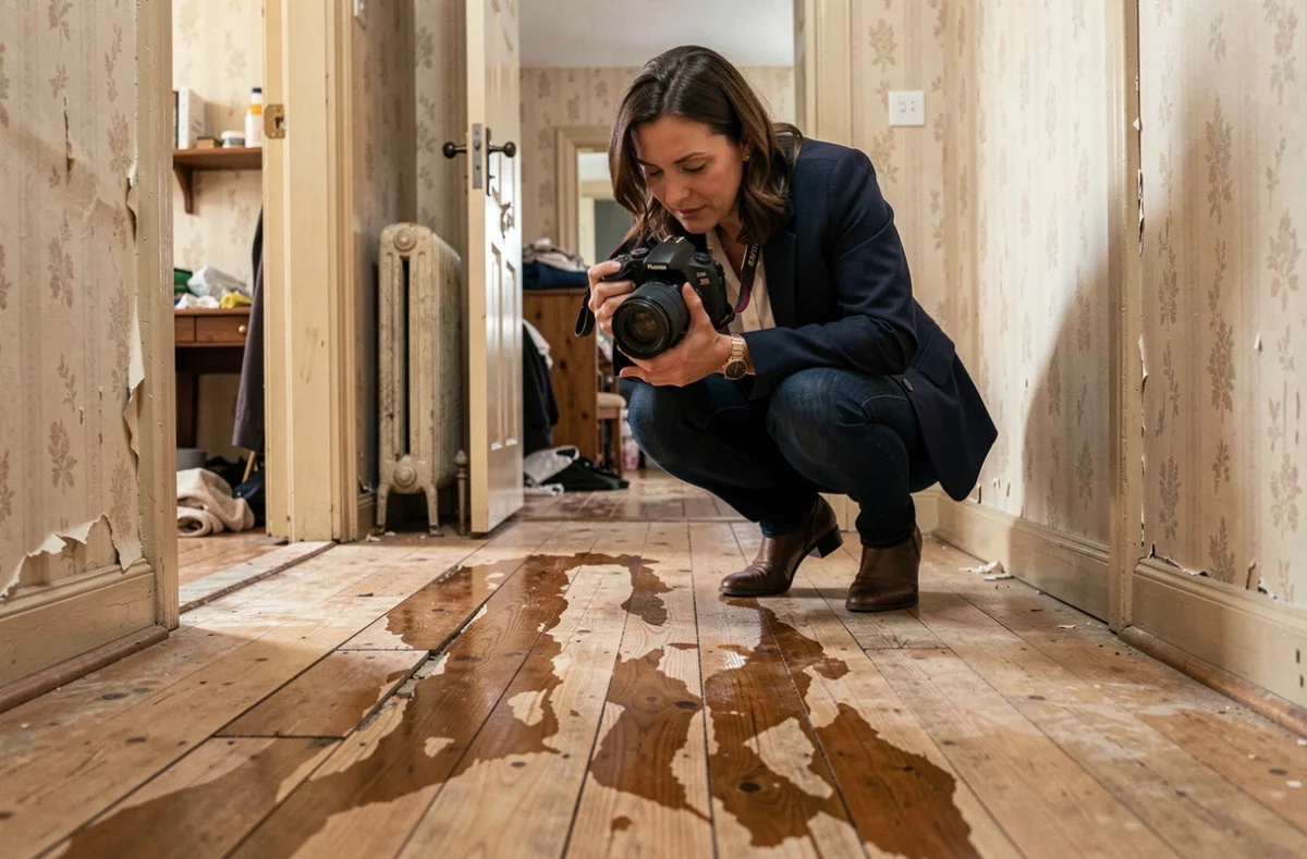 Professionnelle documentant un parquet dégradé et gondolé lors d'un constat avant travaux dans un couloir résidentiel
