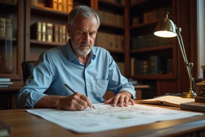 Homme consultant un plan cadastral dans un bureau administratif pour identifier le propriétaire d'une parcelle