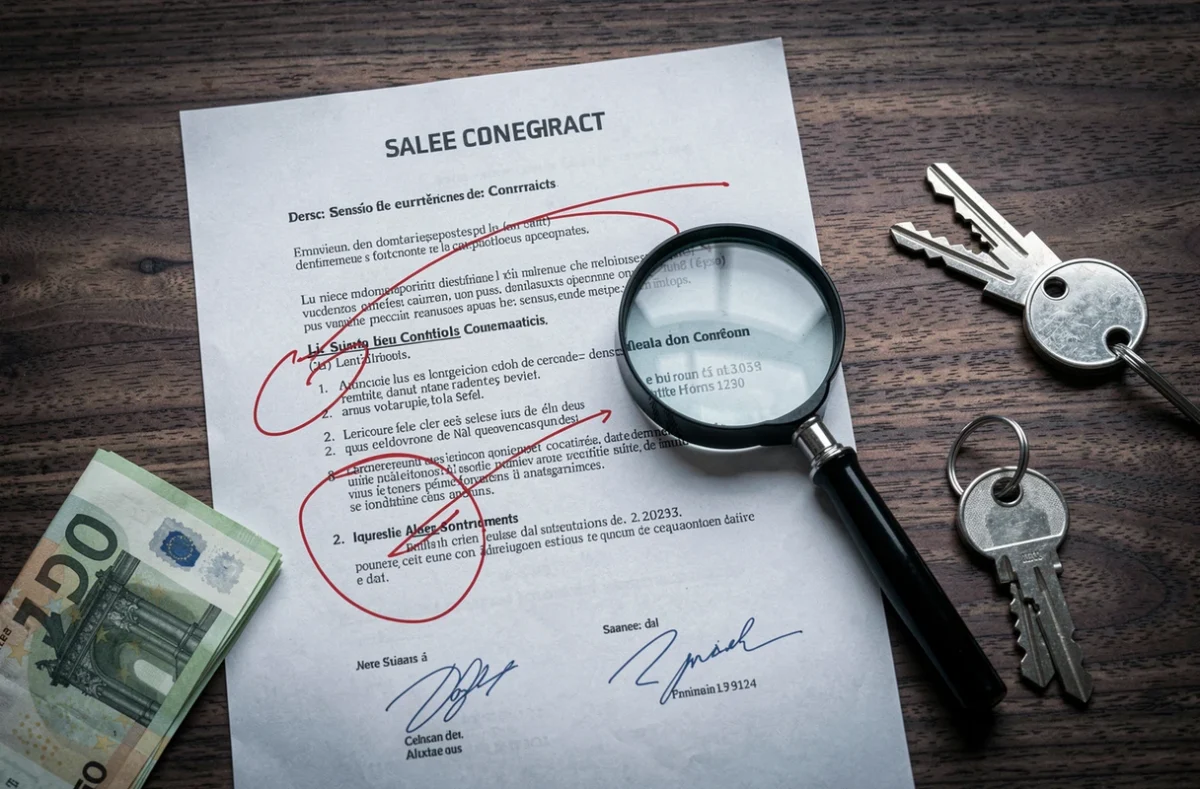 Contrat de location-vente immobilière annoté avec clauses surlignées et clés de maison sur bureau en bois