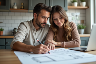 Couple planifiant la rénovation de leur cuisine