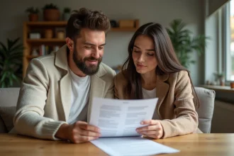 Couple examinant un bail de location meublée d'un an dans un appartement bien décoré