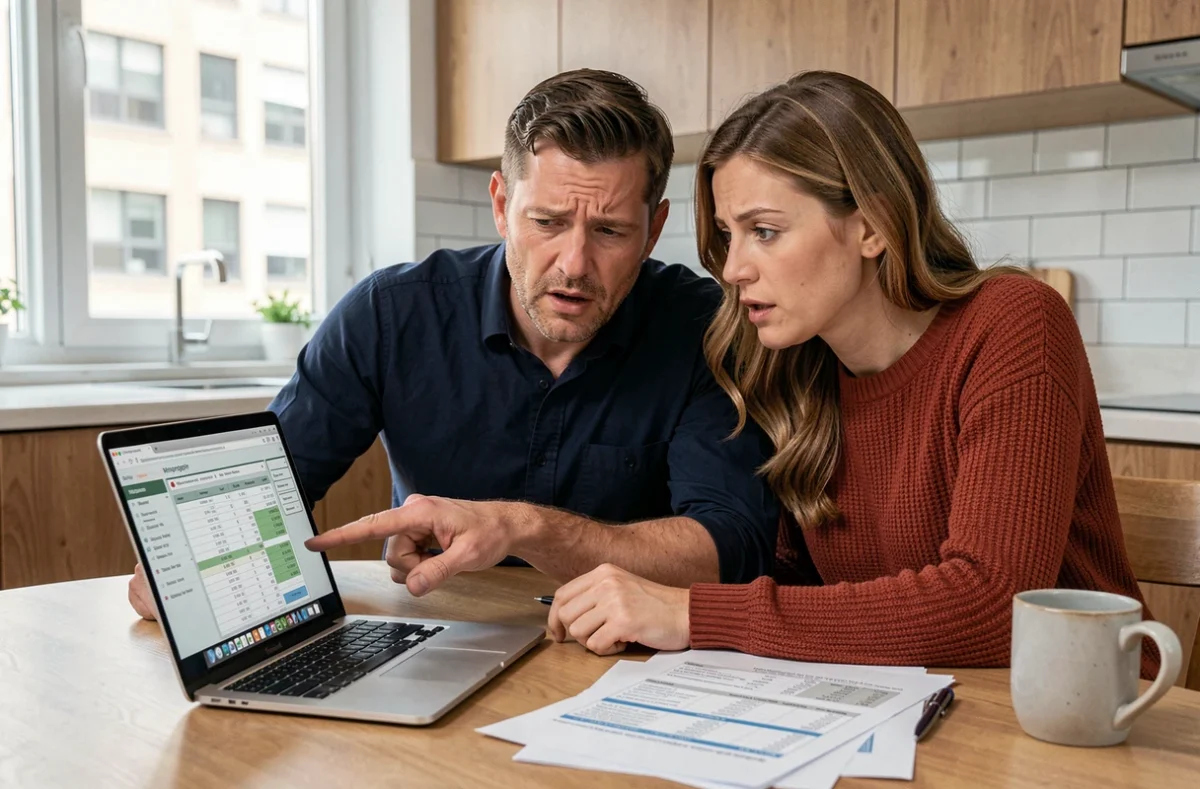 Couple en train de calculer les mensualités et le salaire nécessaire pour emprunter 200 000 euros à domicile
